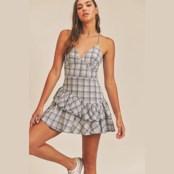 🩵Mable Modern Coquette Ena Plaid Blue Ruffle Mini Dress Size Medium - Picture 1 of 15
